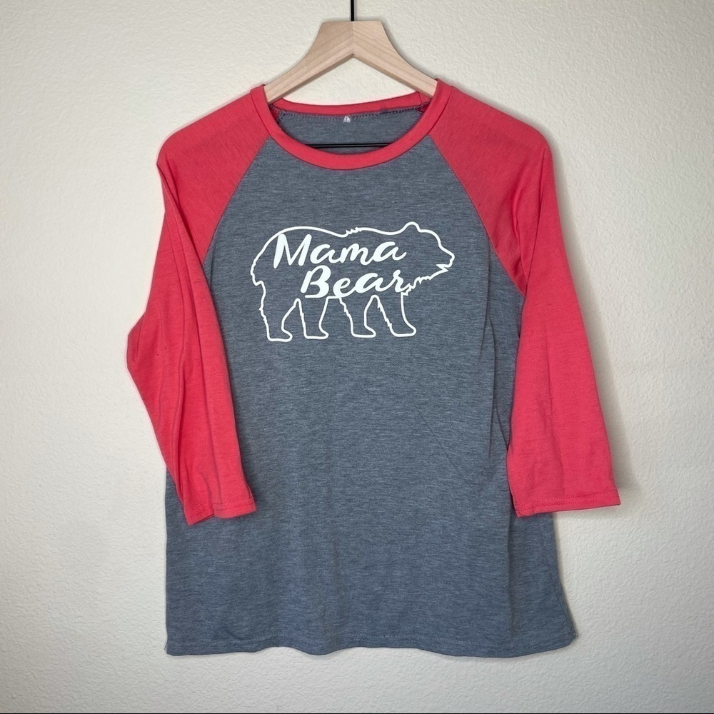 Mama Bear Medium Baseball T Shirt Coral Gray White